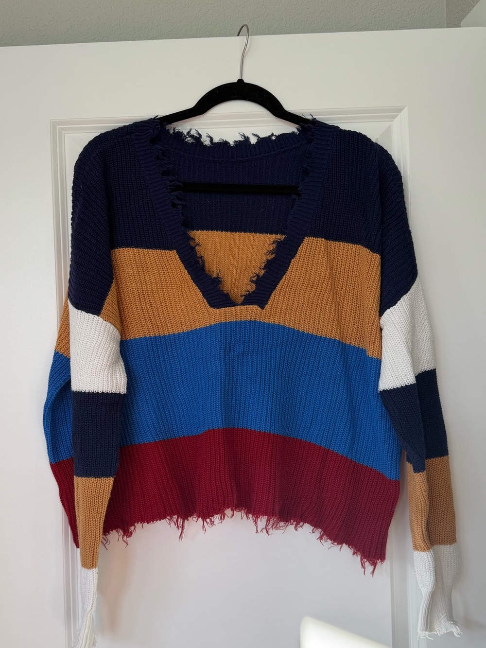 Striped V-Neck Distressed Sweater - Navy, Mustard, Blue, Red
